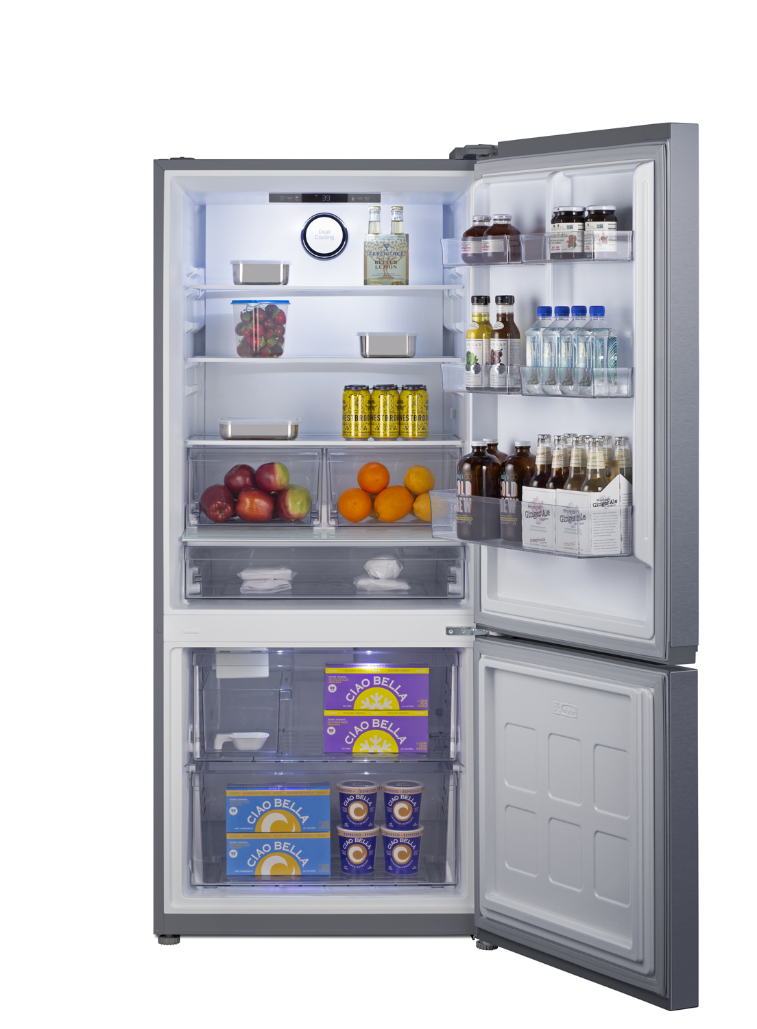 Frost-free ENERGY STAR certified bottom freezer refrigerator with icemaker in stainless steel and counter depth fit